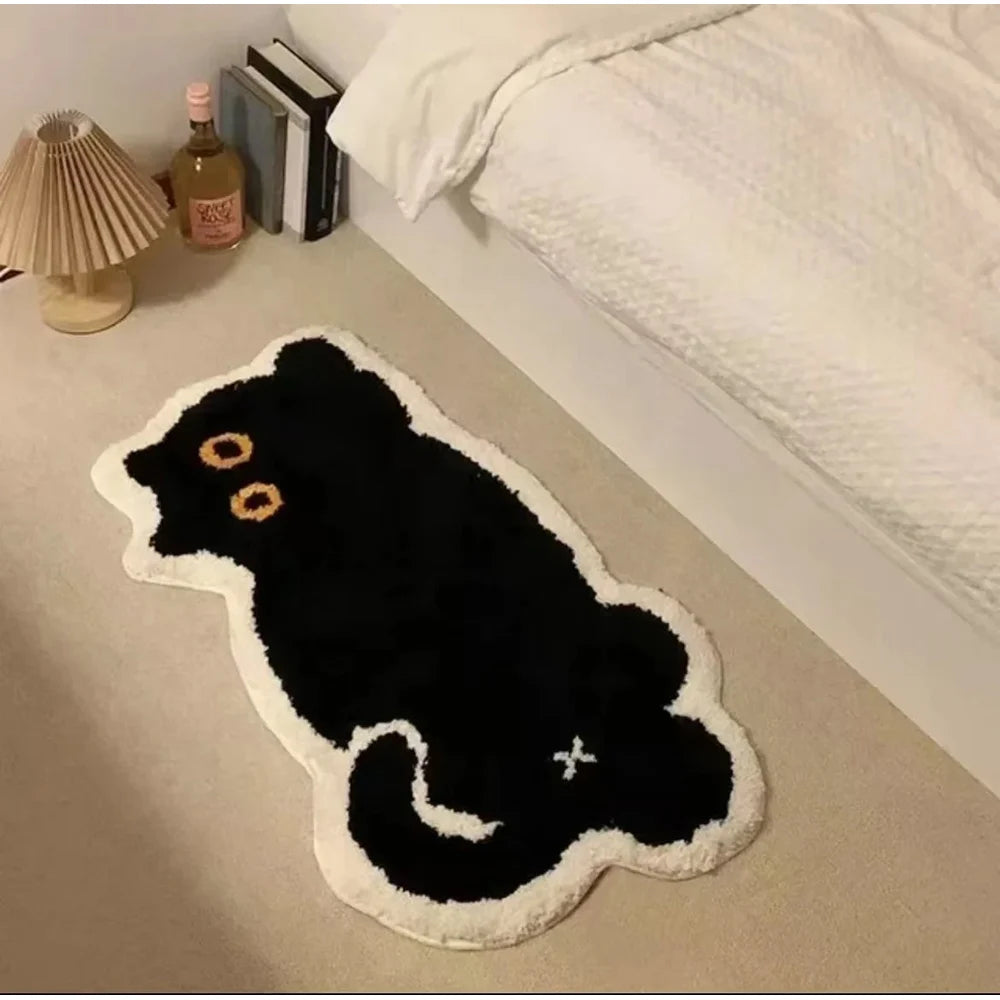 VIKAMA Faux Wool Black Cat Bath Mat Non-Slip Soft Washable Home Decor