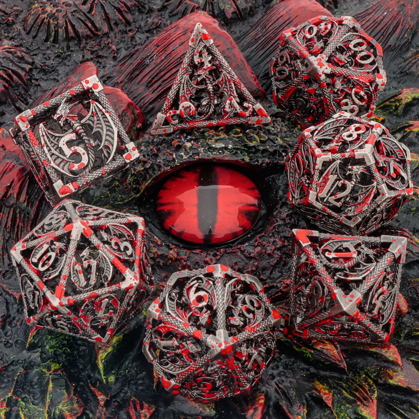 Blood Dragon Metal Dice Set – Polyhedral D&D RPG Dice (7-Piece)