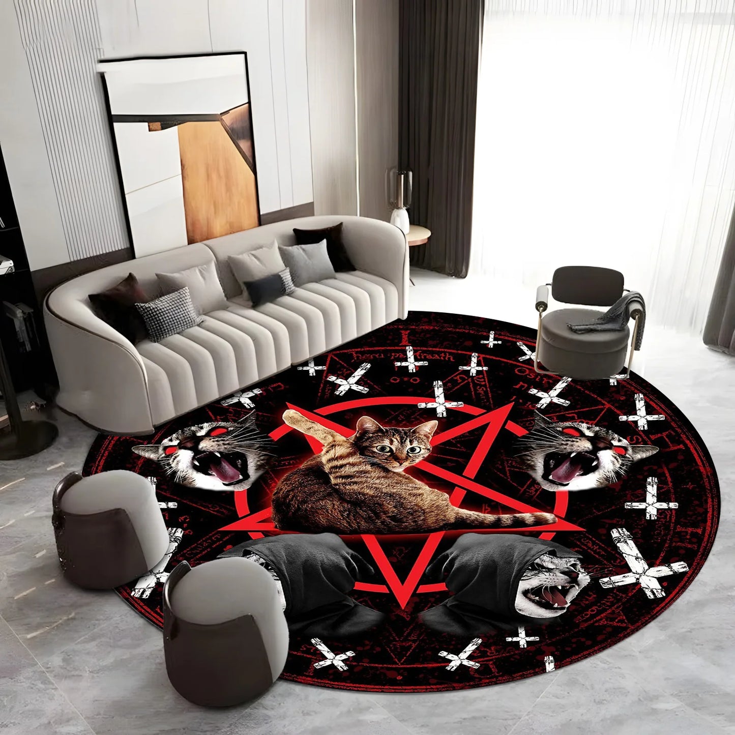 **** Mystical Cat Round Rug Red Pentagram Black Cat Gothic Cross Wolf Patterns