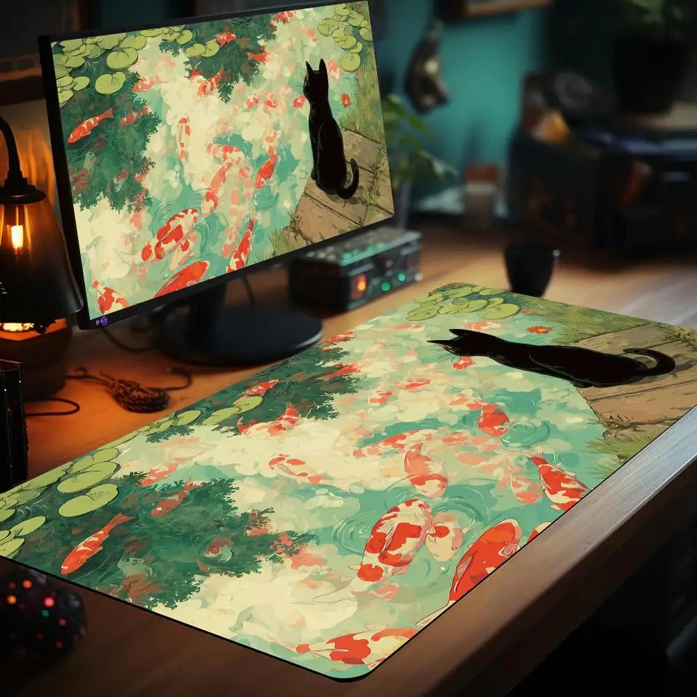 Magic Card Playmat Black Cat Koi MTG TCG Gaming Mat Desk Mat