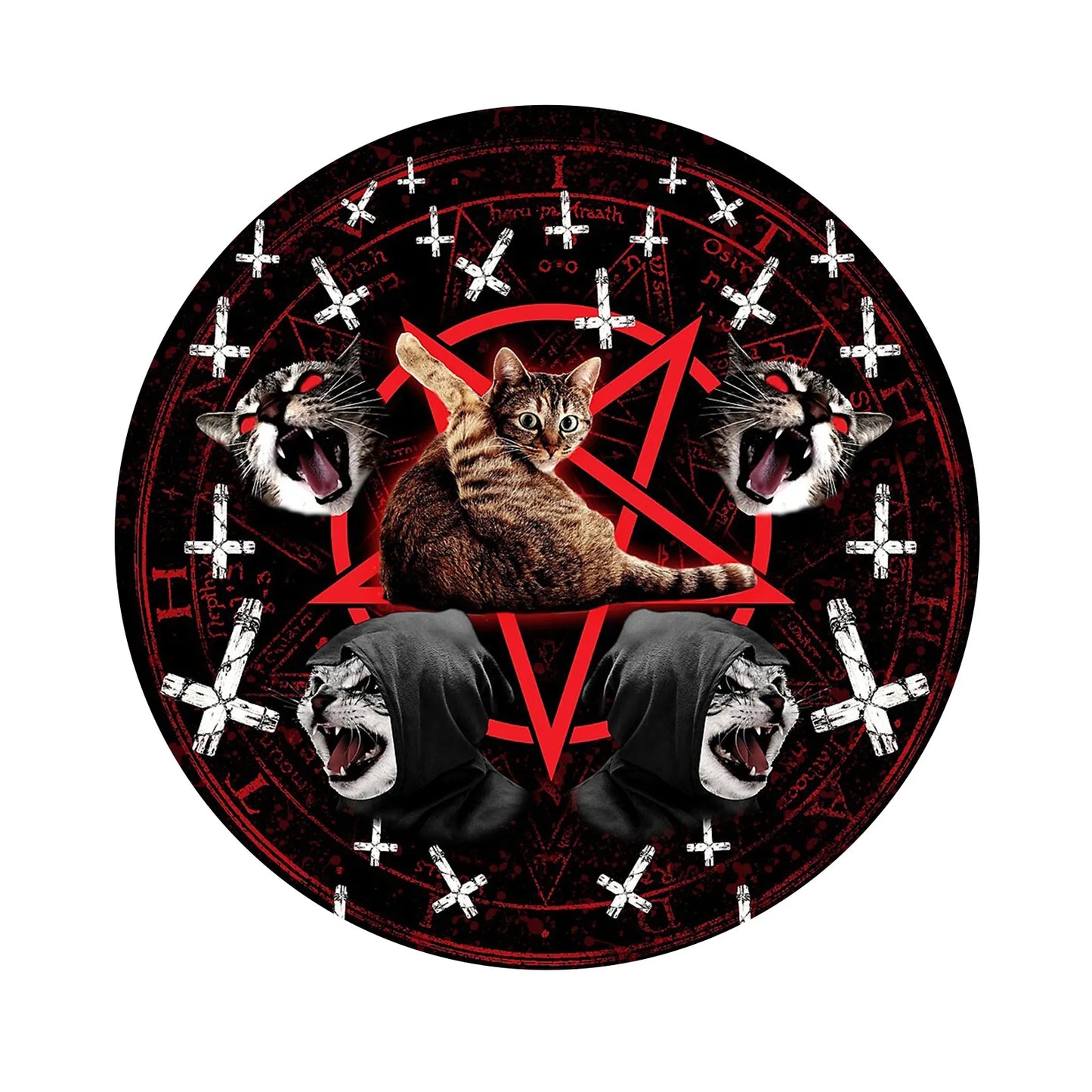 **** Mystical Cat Round Rug Red Pentagram Black Cat Gothic Cross Wolf Patterns