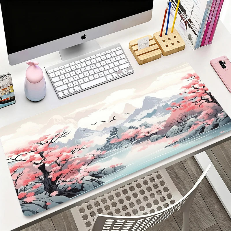 Sakura Snow Mountain Theme Mouse Pad Anti-Slip Gaming Office Use