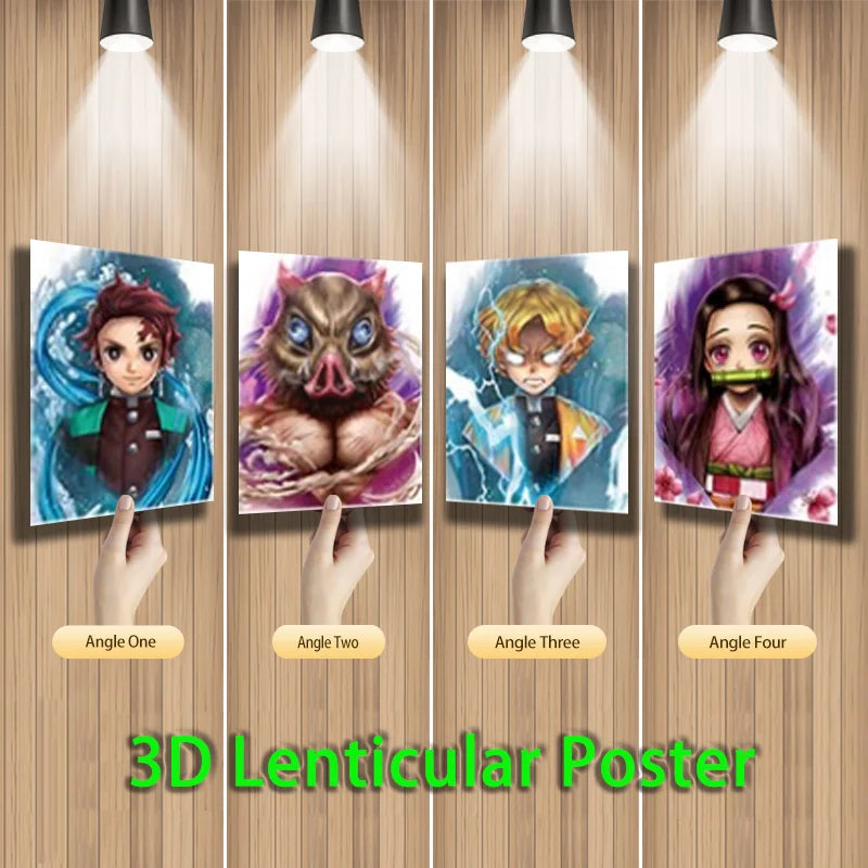 Demon Slayer Chibi 3D Motion Poster – Lenticular Art of Tanjiro, Inosuke, Zenitsu & Nezuko