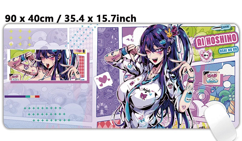 Mouse pad with anime character design and dimensions displayed