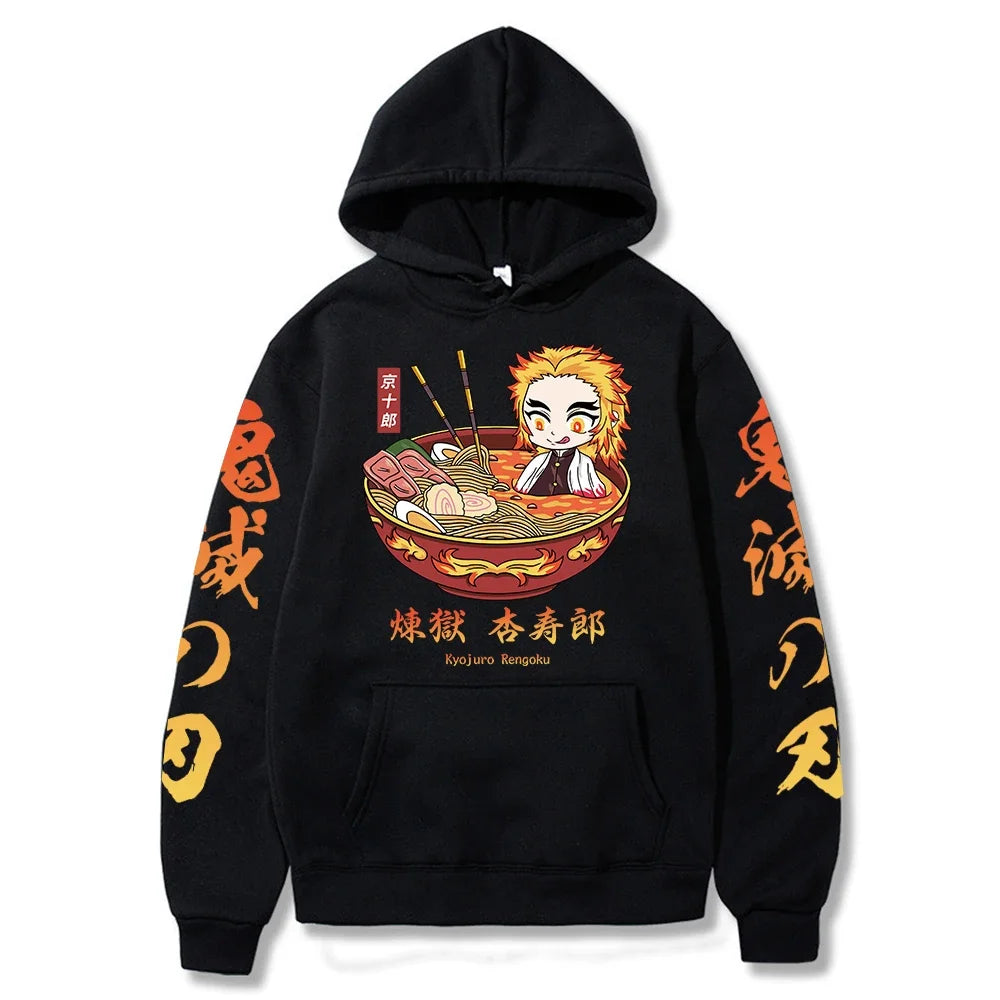 Demon Slayer Rengoku Ramen Bowl Hoodie – Chibi Flame Hashira (Unisex)