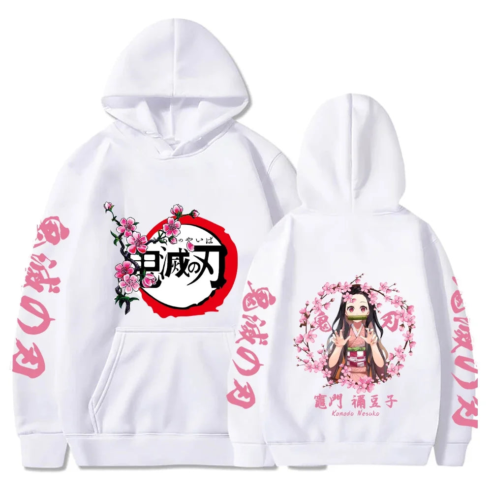 Demon Slayer Nezuko Sakura Blossom Hoodie – White Edition (Unisex)