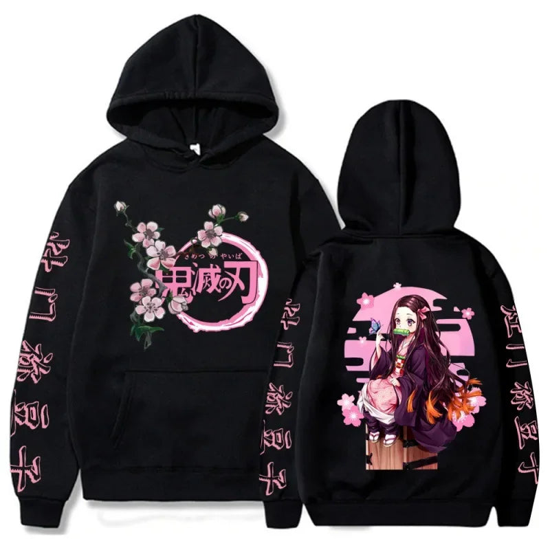 Demon Slayer Nezuko Pink Blossom Hoodie – Black Edition (Unisex)