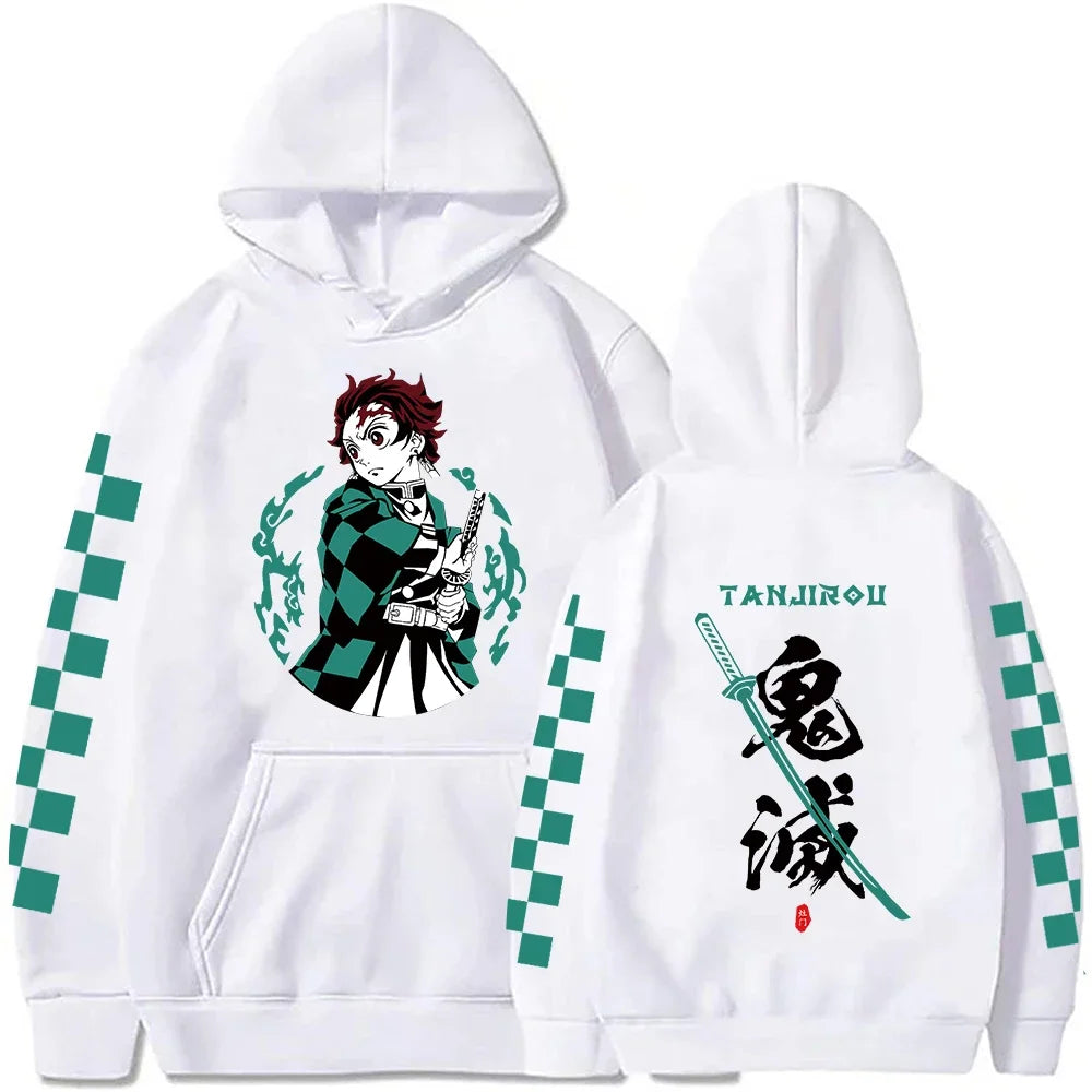 Demon Slayer Tanjiro Kamado Hoodie – White Checkered Sleeve (Unisex)