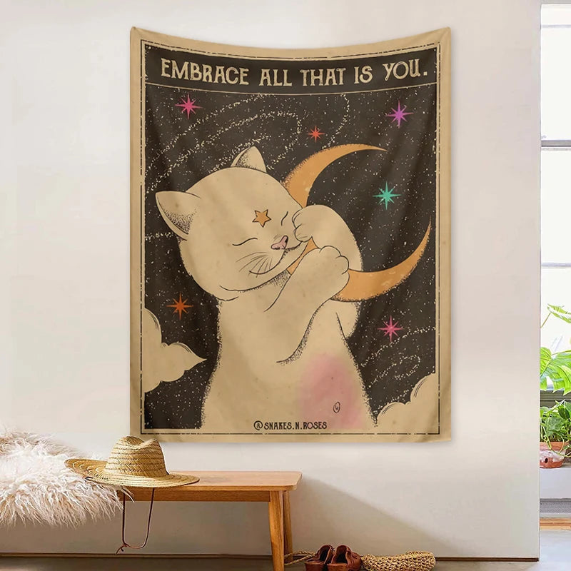 VIKAMA Cosmic Child Tapestry Cat Planet Room Decor Spiritual Wall Art