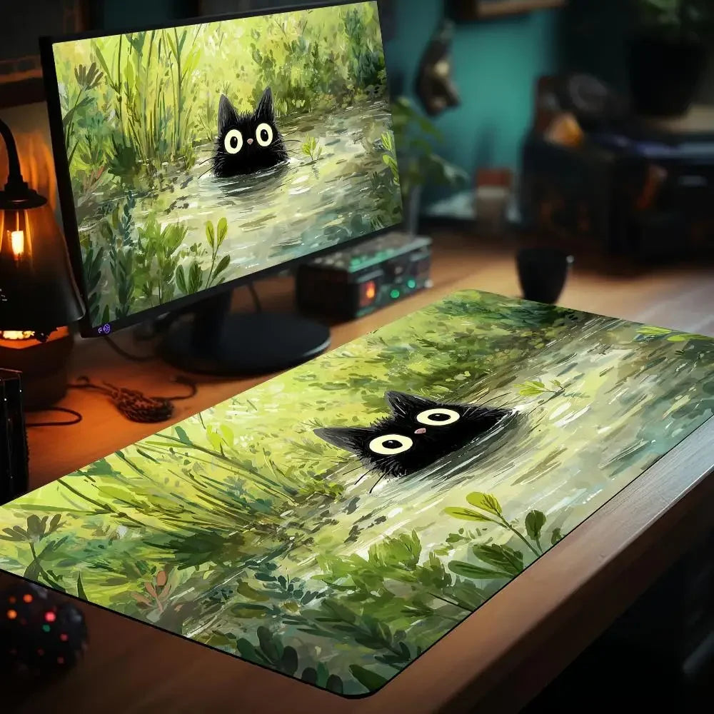 Magic Card Playmat Cute Black Cats Plant Theme MTG Gaming Desk Mat