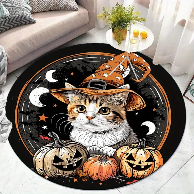 **** Round Crystal Velvet Rug Halloween Cat Witch Hat Pumpkin Floor Mat