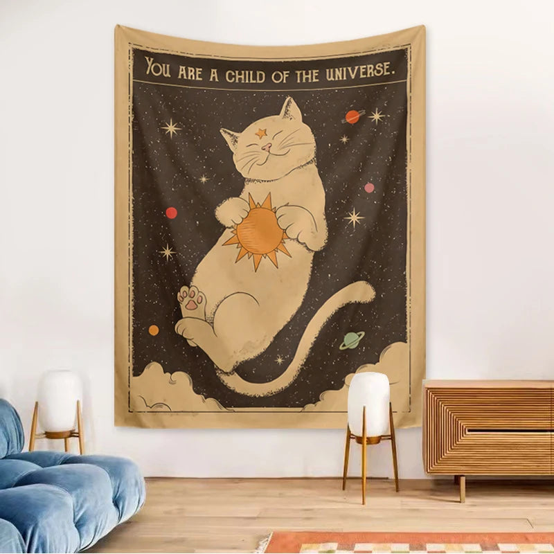 VIKAMA Cosmic Child Tapestry Cat Planet Room Decor Spiritual Wall Art