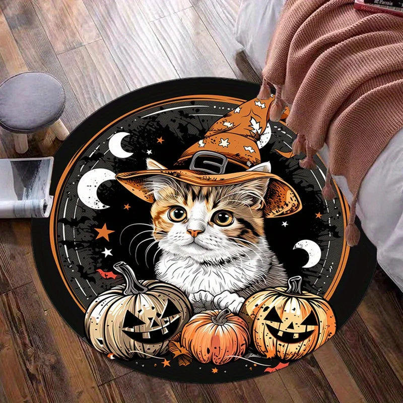 **** Round Crystal Velvet Rug Halloween Cat Witch Hat Pumpkin Floor Mat