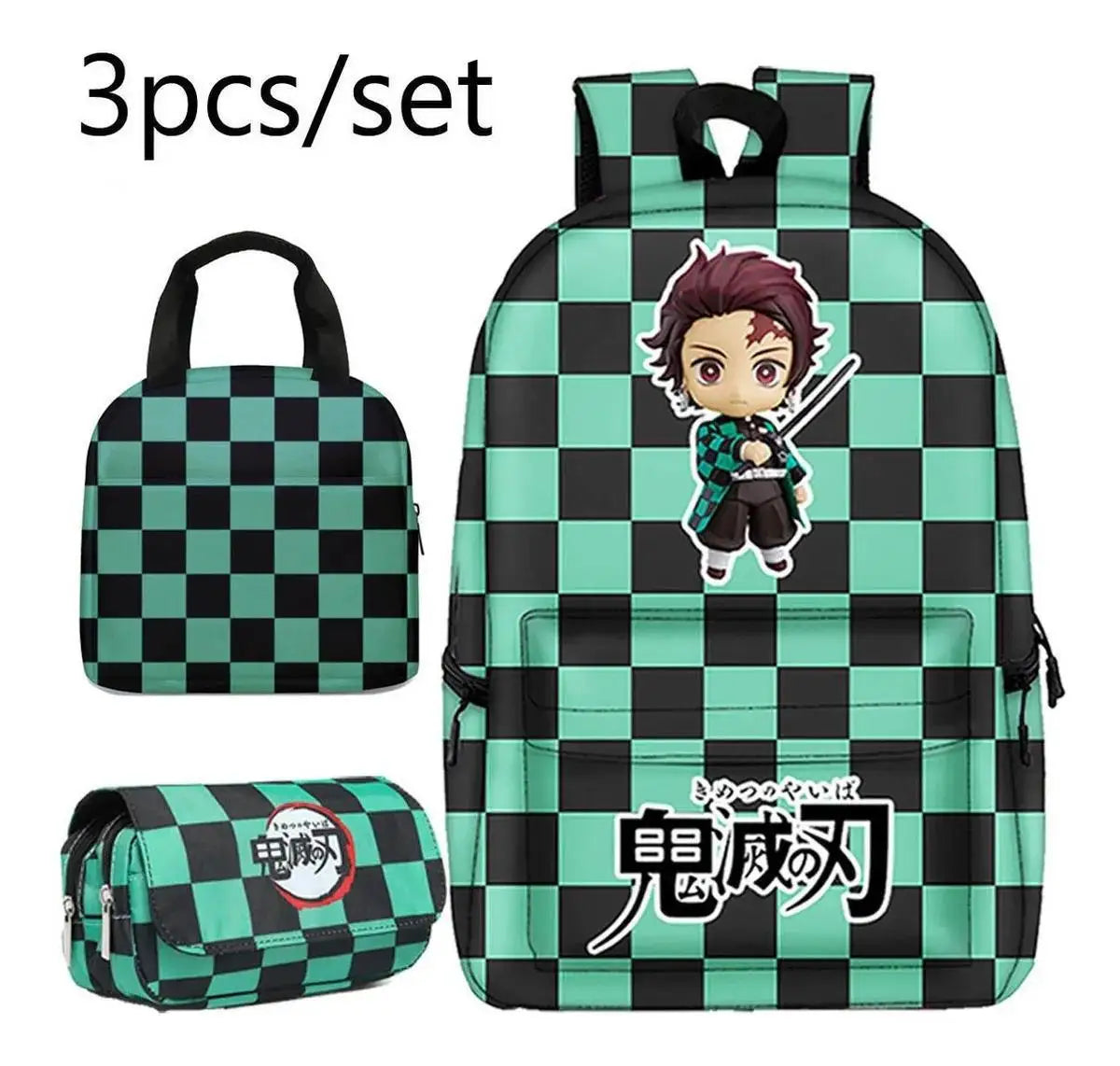 Demon Slayer Backpack Anime Print 3 Piece Set School Bag Lunch Pencil Case