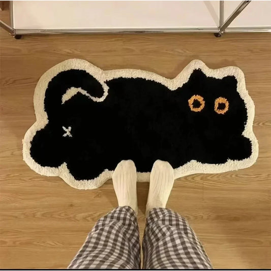 VIKAMA Faux Wool Black Cat Bath Mat Non-Slip Soft Washable Home Decor