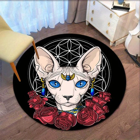 Egyptian Sphynx Cat Rose Mandala Round Rug Pet Themed Home Decor