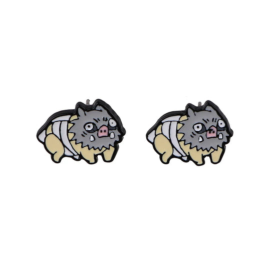 Demon Slayer Bandaged Inosuke Boar Stud Earrings – Enamel Cosplay Pair
