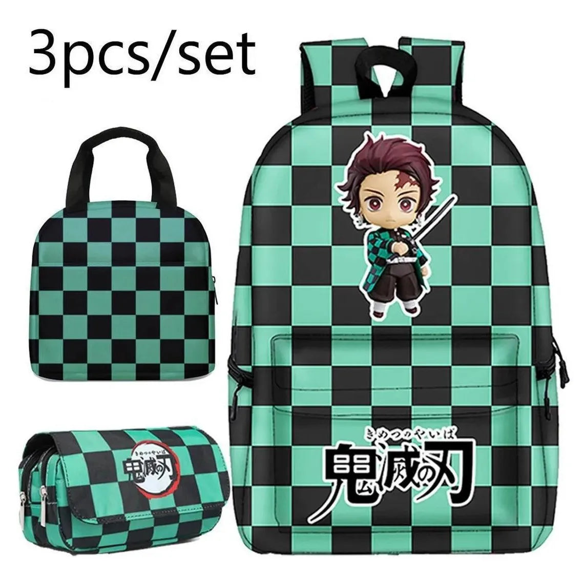 Demon Slayer Backpack Anime Print 3 Piece Set School Bag Lunch Pencil Case