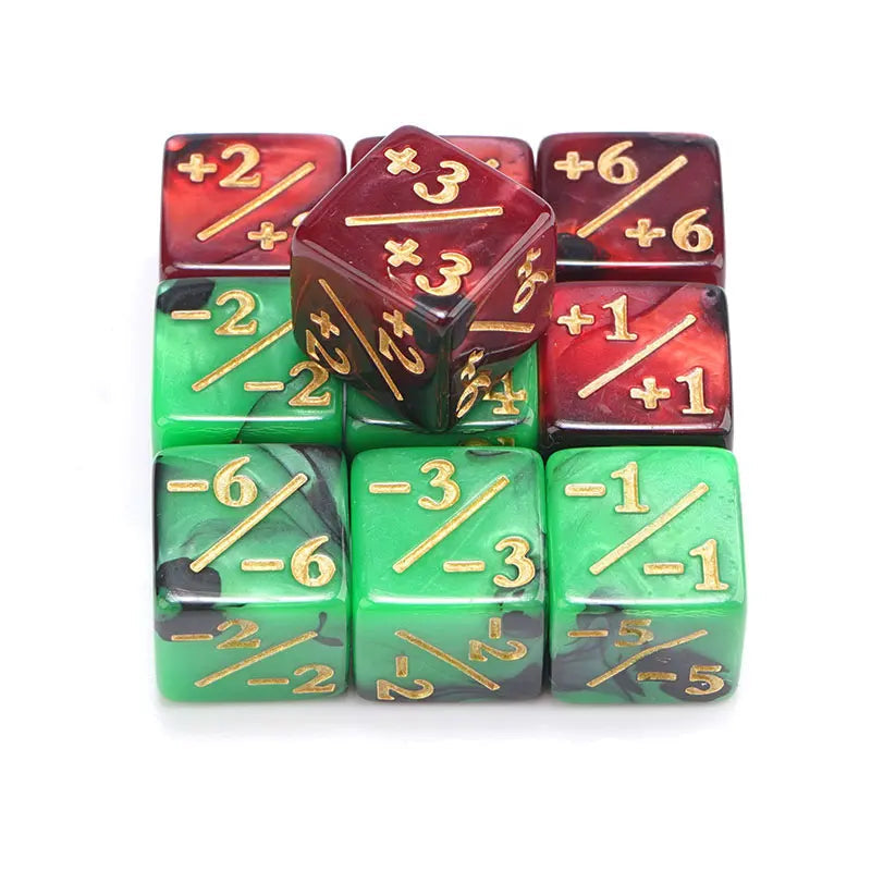 MTG-Compatible +1/+1 • -1/-1 Counter Dice – 10-Pack (16 mm Dual-Color Resin, Gold Inlay)