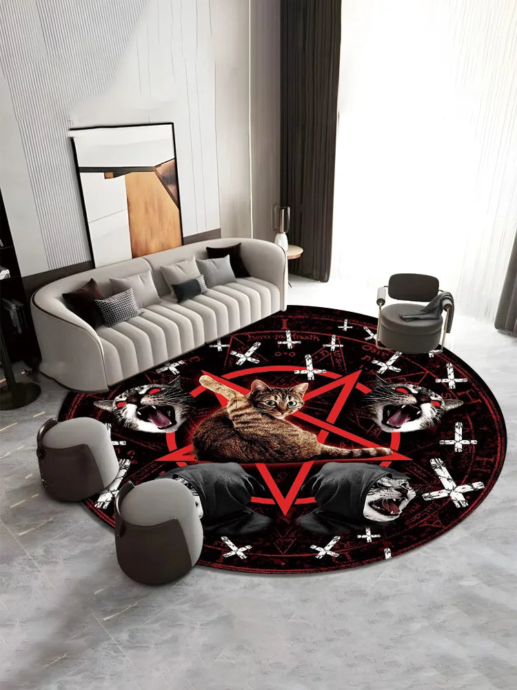 **** Mystical Cat Round Rug Red Pentagram Black Cat Gothic Cross Wolf Patterns