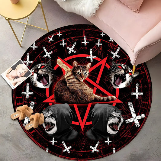 **** Mystical Cat Round Rug Red Pentagram Black Cat Gothic Cross Wolf Patterns
