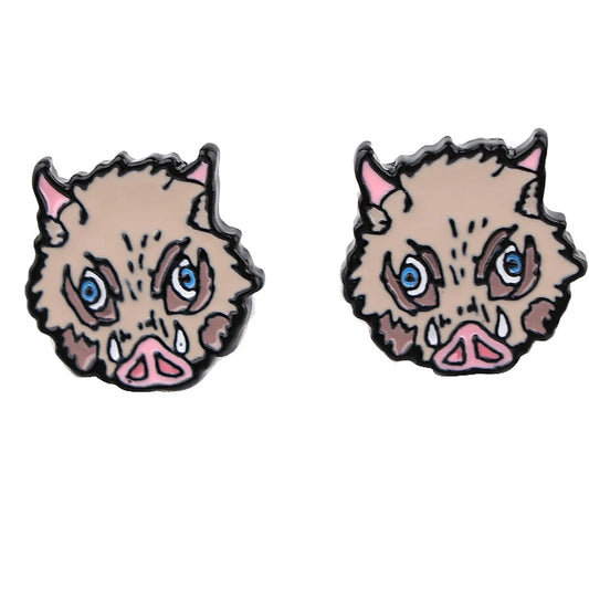 Demon Slayer Inosuke Boar Mask Stud Earrings – Enamel Cosplay Pair