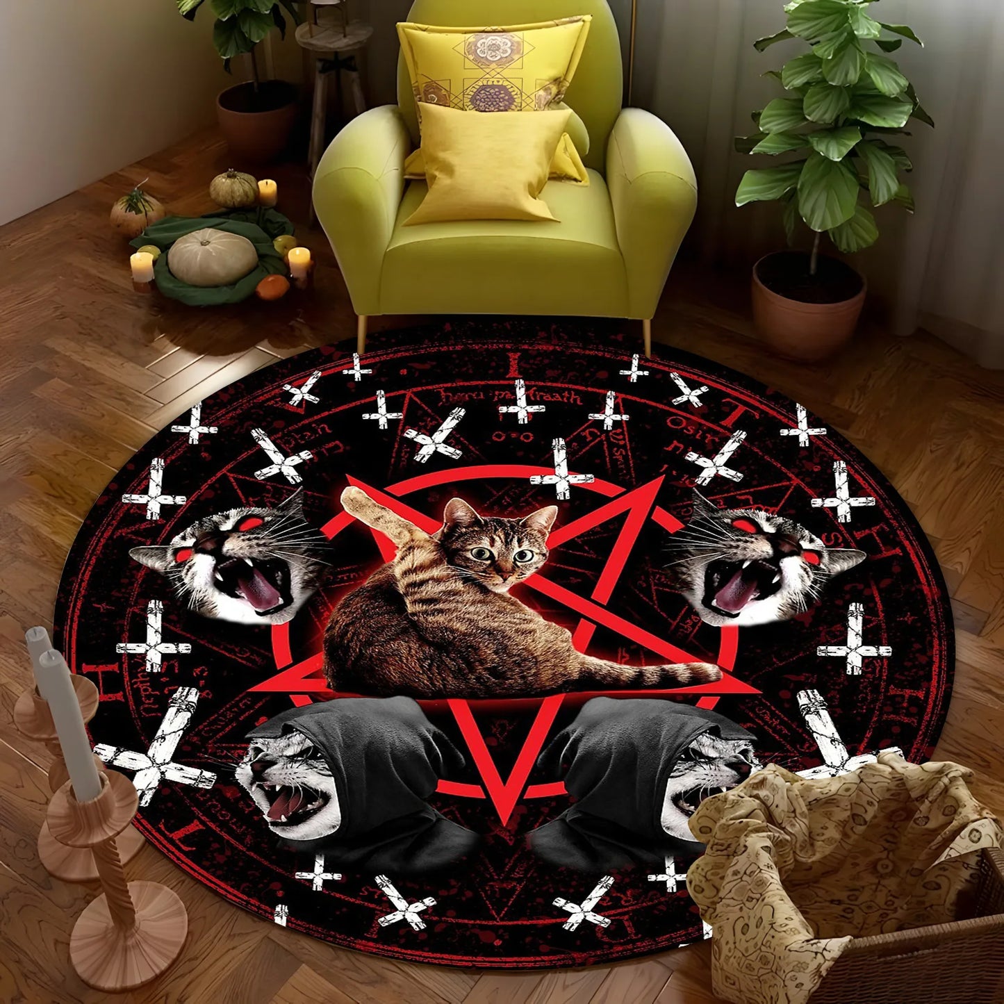 **** Mystical Cat Round Rug Red Pentagram Black Cat Gothic Cross Wolf Patterns