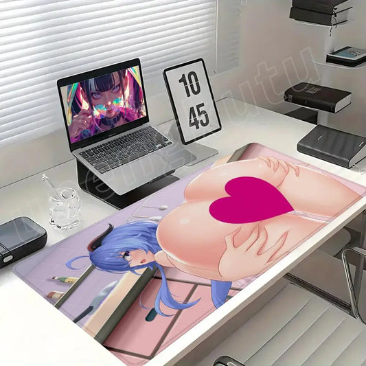 Blue-Haired Anime Girl Mouse Pad – Sexy Gaming Desk Mat XXL NSFW Rubber Base