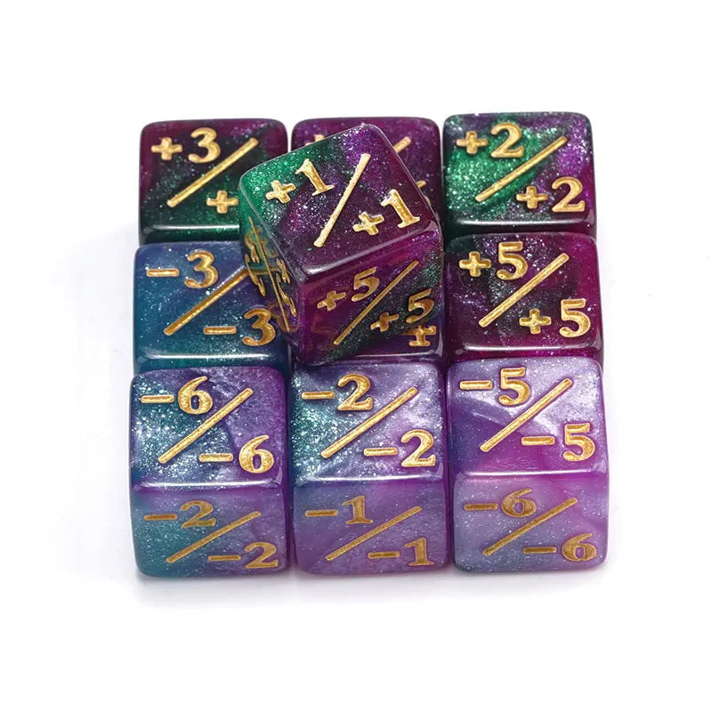 MTG-Compatible +1/+1 • -1/-1 Counter Dice – 10-Pack (16 mm Dual-Color Resin, Gold Inlay)