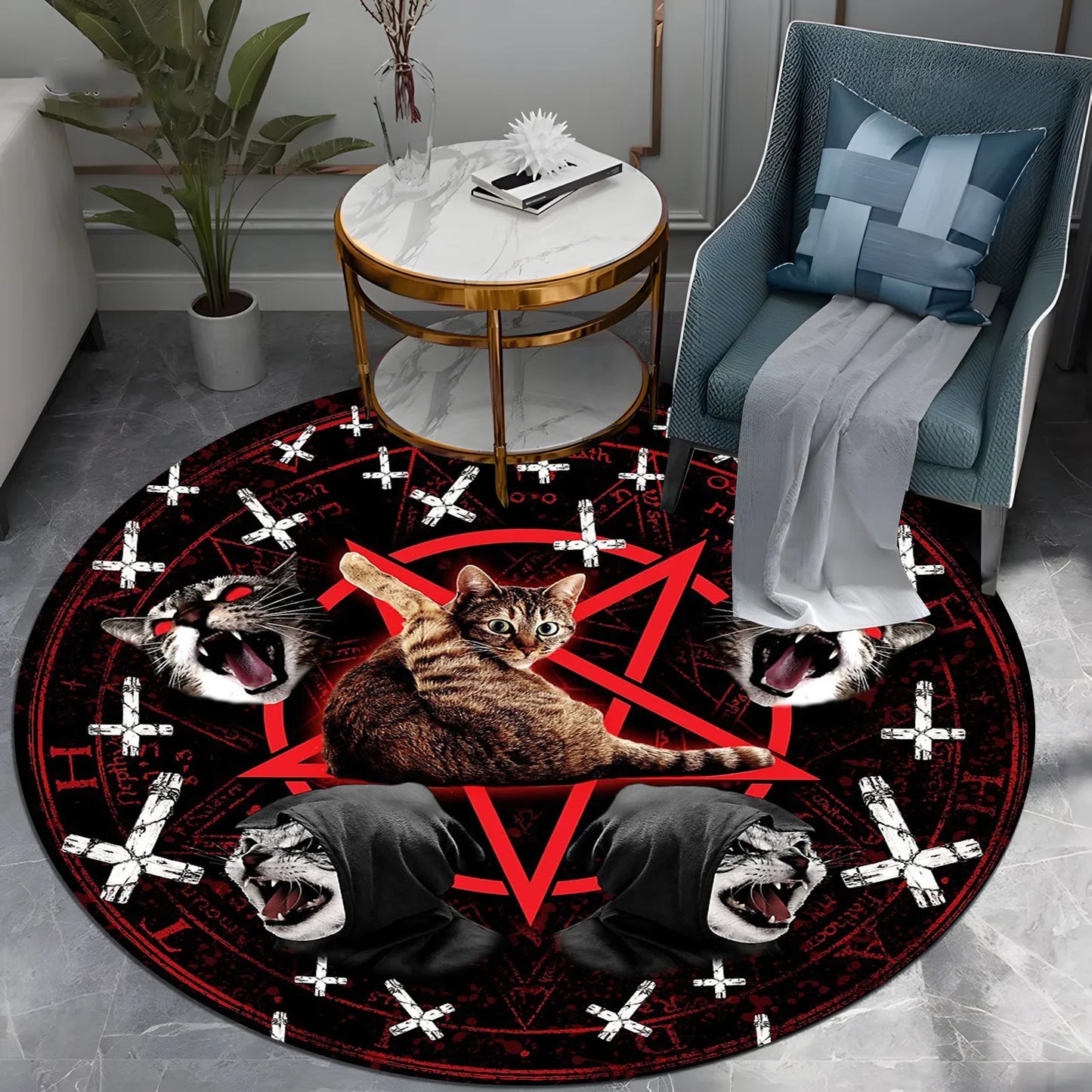 **** Mystical Cat Round Rug Red Pentagram Black Cat Gothic Cross Wolf Patterns