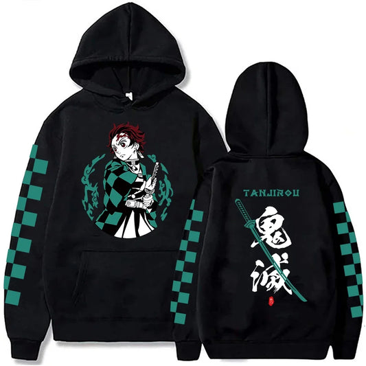 Demon Slayer Tanjiro Checkered Sleeve Hoodie – Black Edition (Unisex)