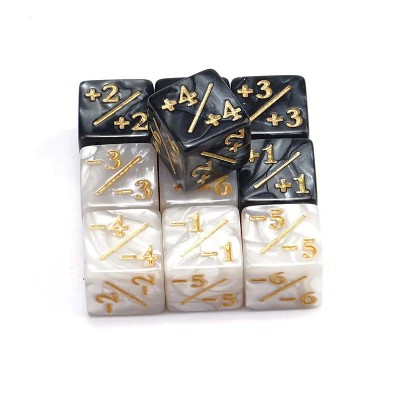 MTG-Compatible +1/+1 • -1/-1 Counter Dice – 10-Pack (16 mm Dual-Color Resin, Gold Inlay)