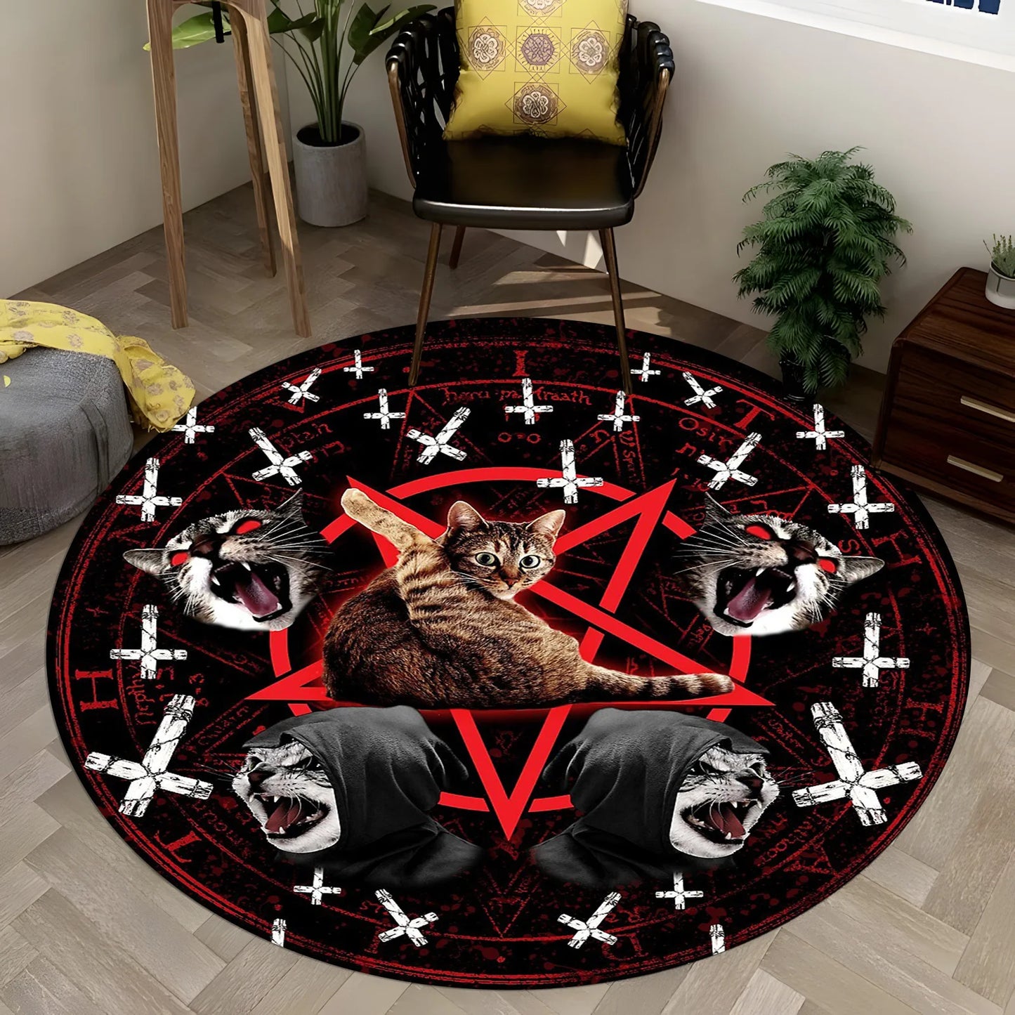 **** Mystical Cat Round Rug Red Pentagram Black Cat Gothic Cross Wolf Patterns