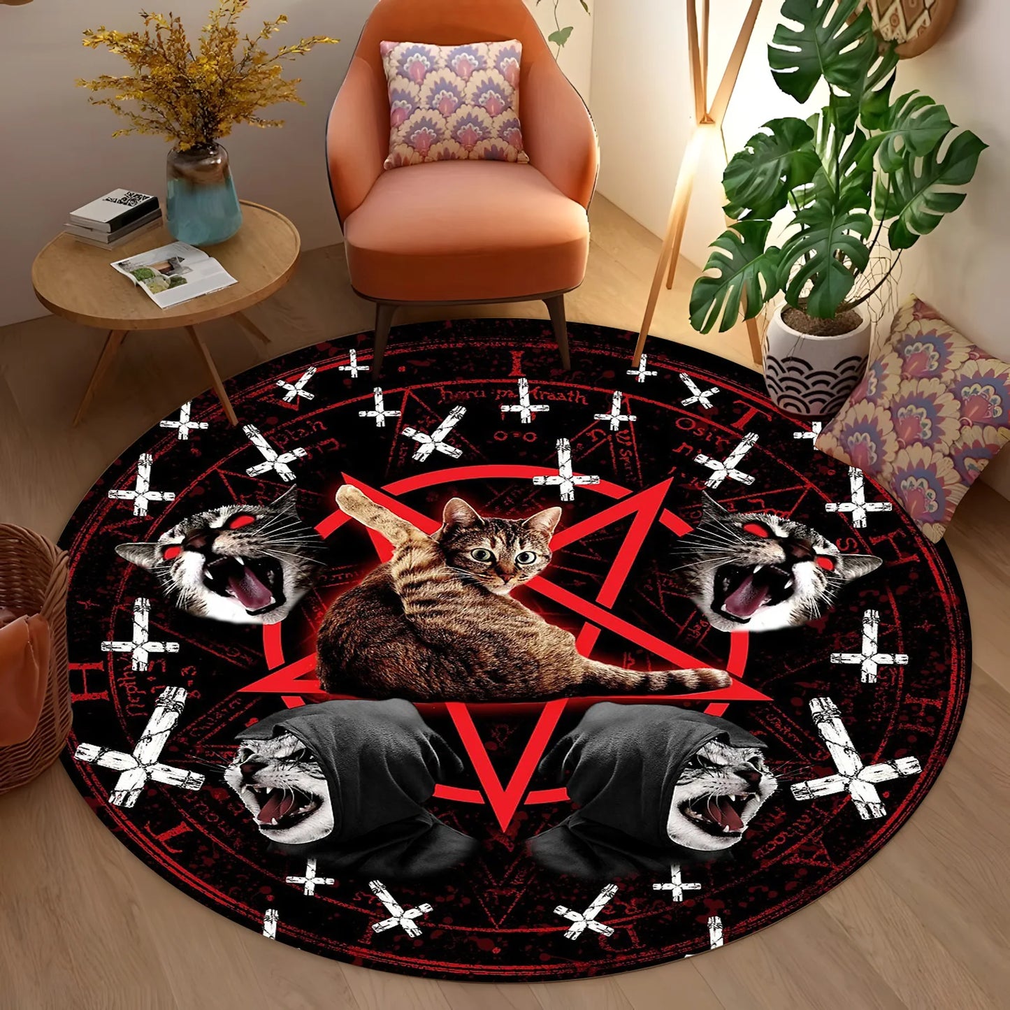 **** Mystical Cat Round Rug Red Pentagram Black Cat Gothic Cross Wolf Patterns