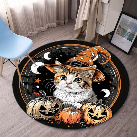 **** Round Crystal Velvet Rug Halloween Cat Witch Hat Pumpkin Floor Mat