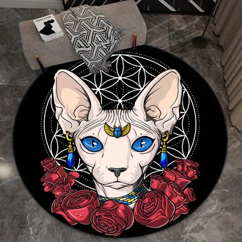 Egyptian Sphynx Cat Rose Mandala Round Rug Pet Themed Home Decor