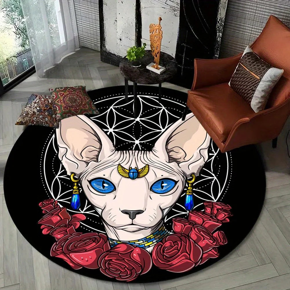 Egyptian Sphynx Cat Rose Mandala Round Rug Pet Themed Home Decor